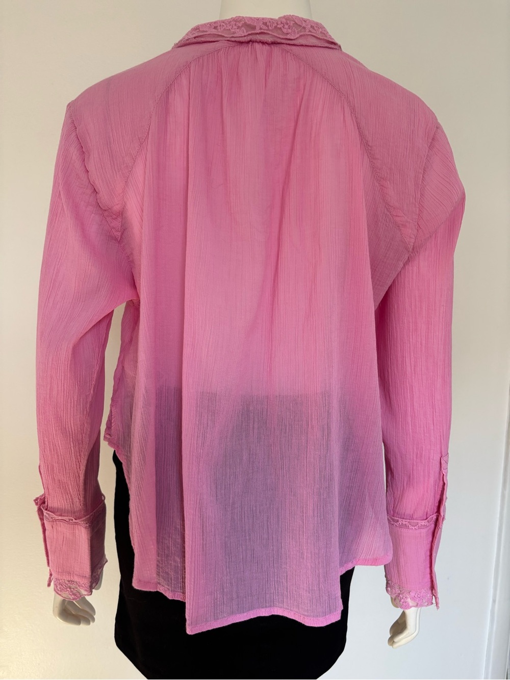 Free People 100% Cotton Sheer Pink Lace-Trim Button Down Blouse - Picture 2 of 6